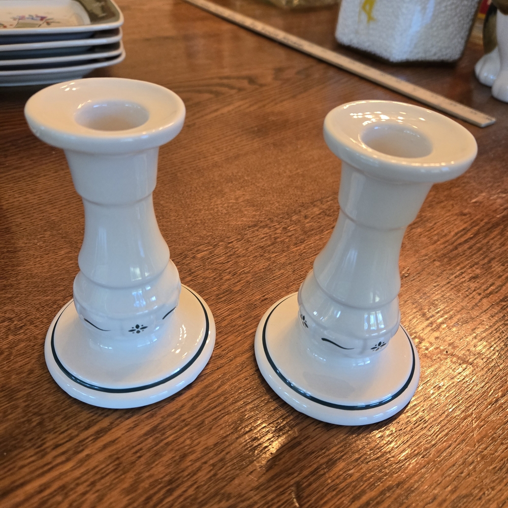 Longaberger White Candlestick Holders with Black Accents